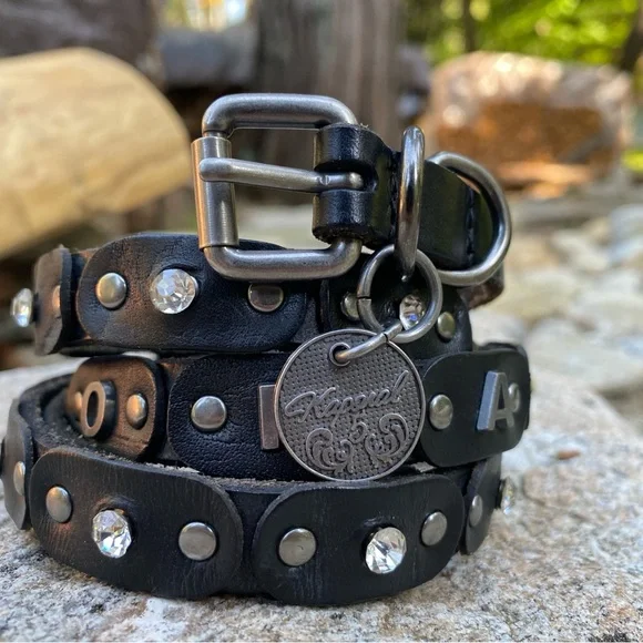 VNtG Y2K KAPORAL Leather Stud Rhinestone Skinny Belt Black Silver Wrap 90cm 34in - Picture 14 of 14